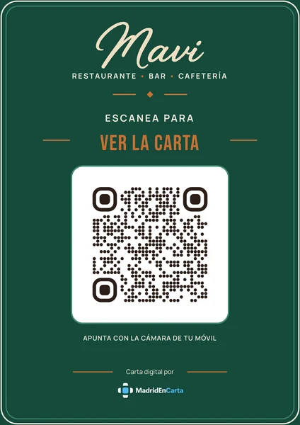 Cartel A4 para el escaparate de Restaurante Mavi Kebap, en verde y crema, con el QR de la carta